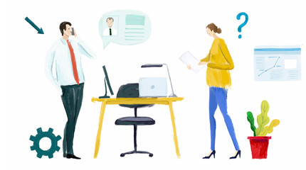 Coworking office, business meeting, planning, Business people talking and working in office. Start up, creative environment, young professional people working together, management and administration c