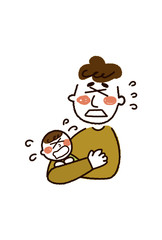 泣いてる赤ちゃんと困ってるパパ