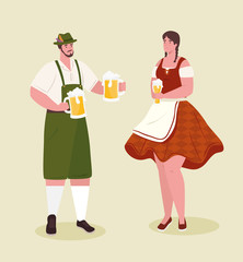 Obraz premium couple german in national dress with beer jars for oktoberfest festival vector illustration design