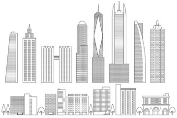 Thin line art vector illustration set of buildings, architecture, city with skyscrapers. Hand drawn sketch, linear, hand drawn sketch.