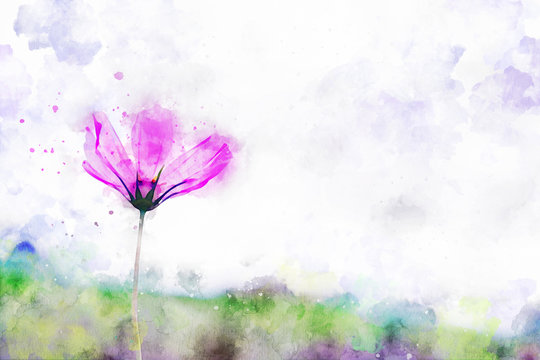 Pink cosmos flower with green hill background, digital watercolor painting
