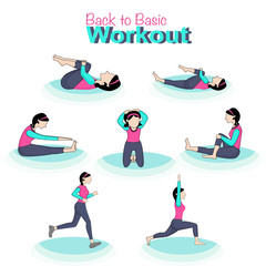 Obraz na płótnie Canvas Women's movement. Girls are making exercises, Workout. Fitness silhouettes. Women doing sports. Different poses of yoga, exercises for healthy lifestyle. Cartoon girls vector flat Illustration set.