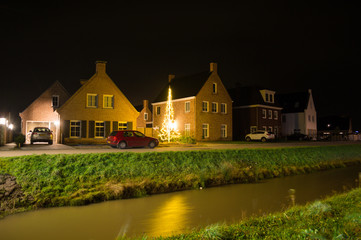 Traditional Dutch Houses at Night in Oostkapelle, Zeeland, Netherlands