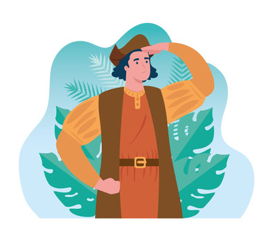 christopher columbus watching in scene tropical leaves vector illustration design