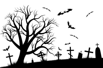 Halloween scary graveyard background with trees, crosses and bats. Halloween. Silhouette of a tombstone. Printed labels and decorations for office, crafts, template. Vector