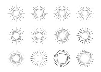 Vector Collection of Retro Light Rays, Isolated on White Black Outline , Vintage Sketch Design Elements Collection.