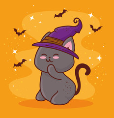 happy halloween, with cute cat using hat witch and bats flying vector illustration design