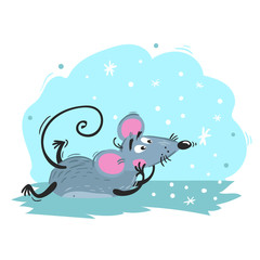 Cartoon funny mouse lies and looks on snowflakes. 2020 Year Chinese symbol. Comic mascot. Rat or mouse character. Rodent animal. Scratchy style. Vector illustration on colorful background.