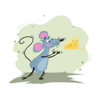 Mouse catches cheese. Cartoon funny scratchy illustration of mouse or rat. 2020 Year mascot. Comic character. Domestic animal. Vector picture.