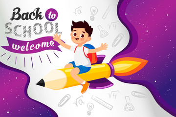 Back to school poster with a rocket. Vector illustration for banners invitation banner and website