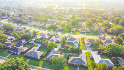 Aerial view urban sprawl subdivision near Dallas, Texas, USA row of single family homes large...
