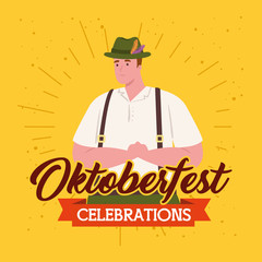 oktoberfest beer festival celebration with man wearing clothes traditional vector illustration design