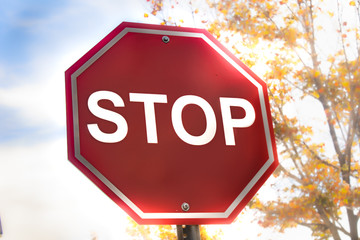 Obraz premium A red stop sign with a blurred orange tree and a blue sky in the background 