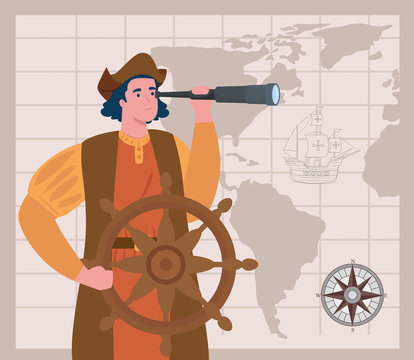 happy columbus day national usa holiday, and christopher columbus with telescope vector illustration design