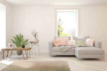 White living room with sofa. Scandinavian interior design. 3D illustration