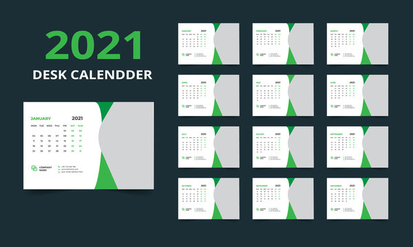 Desk calendar design 2021 template Set of 12 Months, Week starts Monday, Stationery design, calendar planner