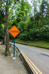 Caution sign beside a road on hill