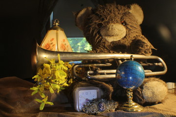 retro bedroom with bear and trumpet, 80's themed