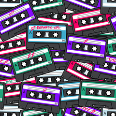 Seamless vector pattern with tape cassettes. Retro. Colorful background.