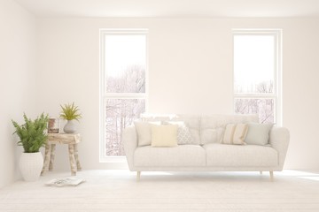 White living room with sofa and winter landscape in window. Scandinavian interior design. 3D illustration