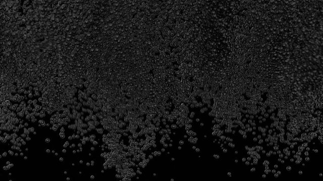 3d animation of black explode of foamy bubbles moving up isolated sphere or balls of fizzy water