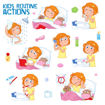 Hygiene - Good morning and good night - Daily routine actions of a lovely little girl with ginger hair - Set of eight cute illustrations isolated on the white background
