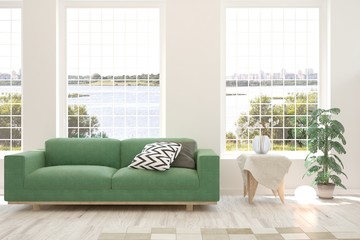 White living room with sofa. Scandinavian interior design. 3D illustration