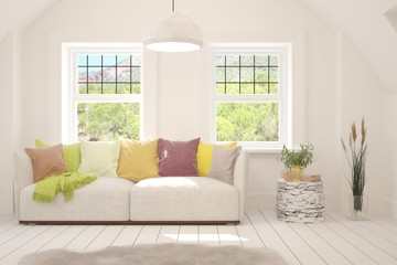 White living room with sofa and summer landscape in window. Scandinavian interior design. 3D illustration