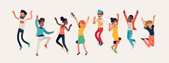 Diverse group of happy people jumping. Cheerful multinational and multiracial people celebrating together. Flat vector winning characters collection