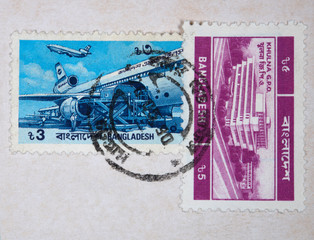 vintge retro briefmarke stamp gestempelt used frankiert flugzeug plane bangladesh blau blue air...