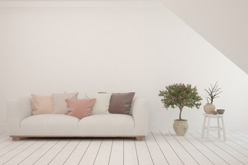 White living room with sofa. Scandinavian interior design. 3D illustration