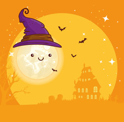 happy halloween, cute moon with hat witch and house haunted vector illustration design