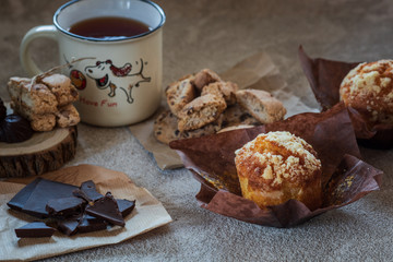 biscuits, muffins and dried fruits for tea