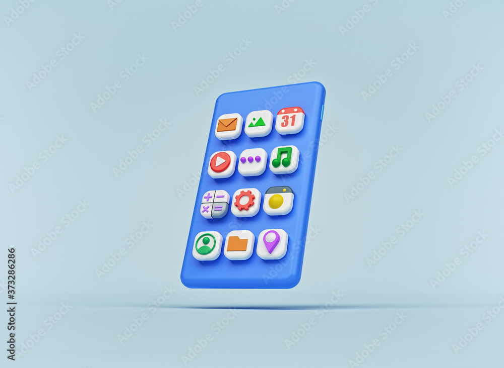 Poster modern minimal design. smartphone with colorful three dimensional app icons. 3d rendering