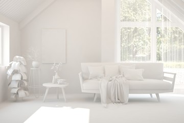 White living room with sofa and summer landscape in window. Scandinavian interior design. 3D illustration
