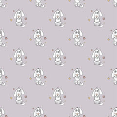 Seamless pattern with a cute animal - a white dog with his tongue hanging out and hearts on a purple background. Vector. For design, packaging and decoration.