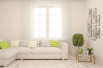 White living room with sofa. Scandinavian interior design. 3D illustration
