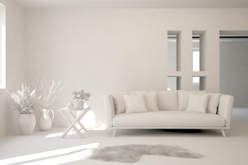 White minimalist living room with sofa. Scandinavian interior design. 3D illustration