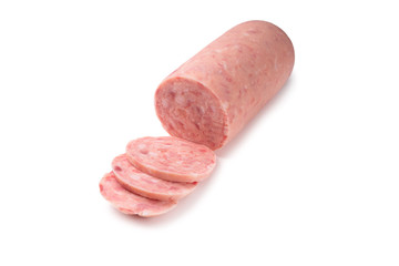 Boiled sausage isolated on white background. Slices.