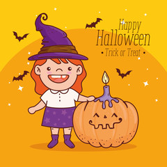 cute girl disguised of witch for happy halloween with pumpkin and candle vector illustration design