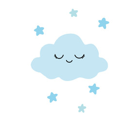 Digital illustration of a cute smiling textural childish face with a gentle blue cloud. Print for children's textiles, books, invitation cards, clothes, bedding, web design.