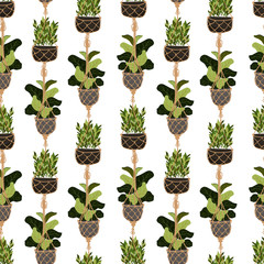 Vector seamless pattern with hand drawn tropical house plants isolated on white background. Flat colorful vector illustration of home garden plants on pot. Fabric design, textile, wrapping paper etc.