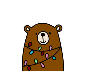Cute bear with Christmas garland illustration