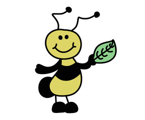 vector illustration character cartoon design cute honey yellow bee mascot holding green eco leaf in white background