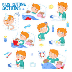 Kids and hygiene - Daily routine actions of a little boy with ginger hair - Set of eight cute illustrations - Isolated - White background