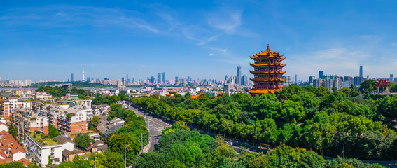 The yellow crane tower.Aerial view of  Wuhan city .Panoramic skyline and buildings beside yangtze river.
