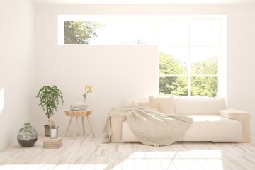 White living room with sofa and summer landscape in window. Scandinavian interior design. 3D illustration