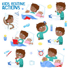 Daily routine actions of a little black boy with dark brown hair - Multicultural - Set of eight cute illustrations - Isolated - White background

