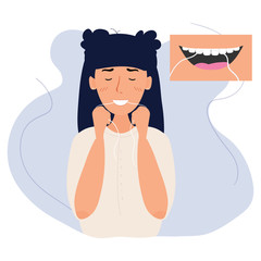 Cute woman brushes teeth with dental floss. Oral care and dental procedures concept. Correctly brush teeth. Oral hygiene every day. Vector illustration in flat style isolated on white background.