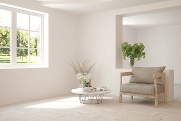 White living room with armchair. Scandinavian interior design. 3D illustration